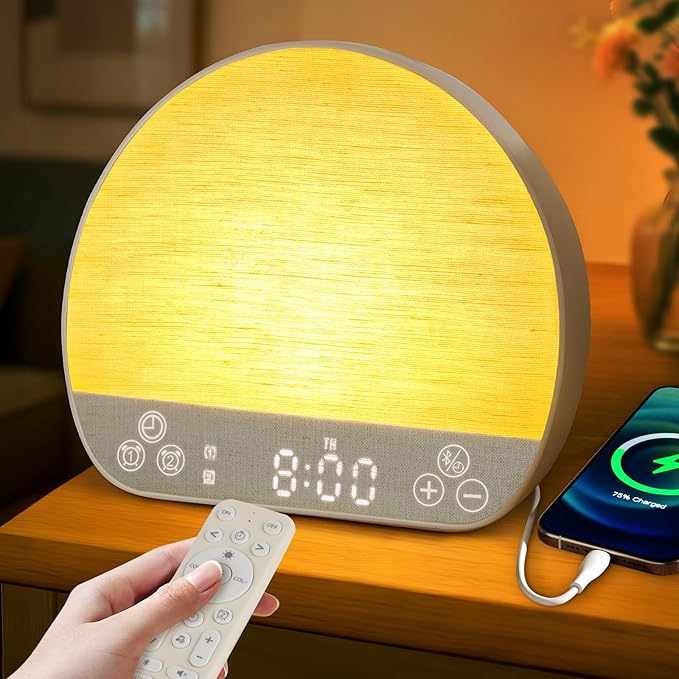 Tap Snooze Sunrise Alarm Clock, Wake Up Light Alarm with Remote Control, Bluetooth Speaker & USB Charging, 37 Sounds White Noise Machine, 15 Colors Dimmable Night Light for Heavy Sleepers