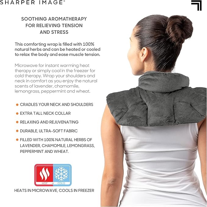 Sharper Image Heated Neck & Shoulder Wrap - Microwavable Warm & Cooling Plush Pad, Scented Aromatherapy (100% Natural Lavender & Herb Spa Blend), Pain Tension Headache Relief Therapy, Gift for Women