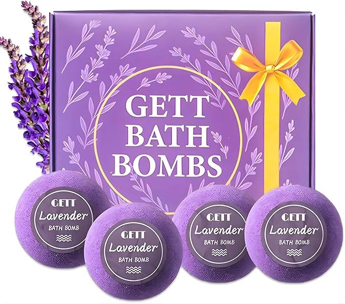 GETT Lavender Bath Bombs 4-pcs, Individually Wrapped Bath Bombs for Men & Women, Luxury Gift Set with Vegan and Essential Oils, Relaxing and Moisturizing Bubble Bath, Organic Bath Essentials for All