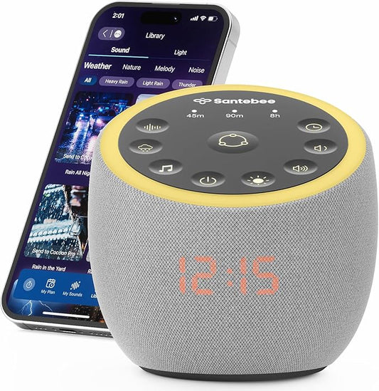 Santebee White Noise Sound Machine for Sleeping, 388 Soothing Sounds, Cocoon Pro 2 Smart APP Control, Custom Buttons Non Looping Sounds Bedside Dimmable Clock Night Light, for Adults Baby Kids Lullaby