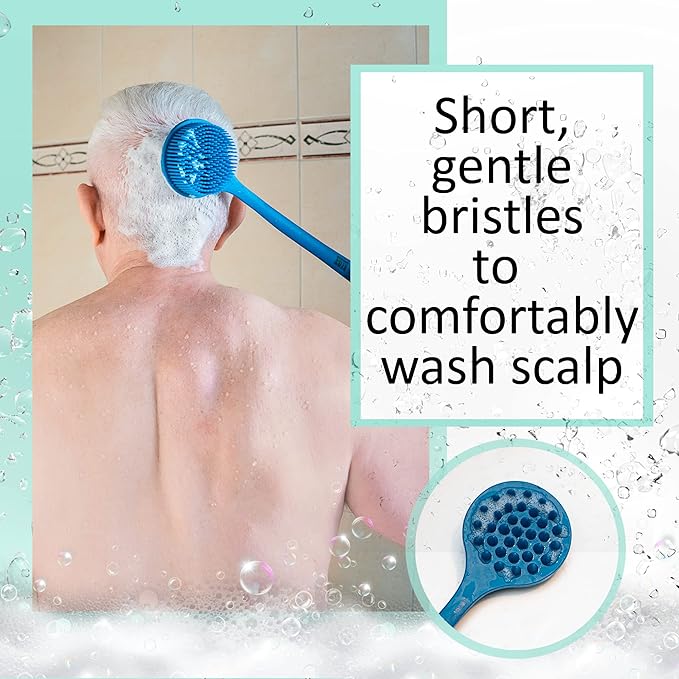 Bendable Long Handled Silicone Body Brush & Hair Scrubber - Bath Shower Back Brush, Shampoo Hair & Scalp Massager, Back Scrubber for Shower (Blue Sapphire)