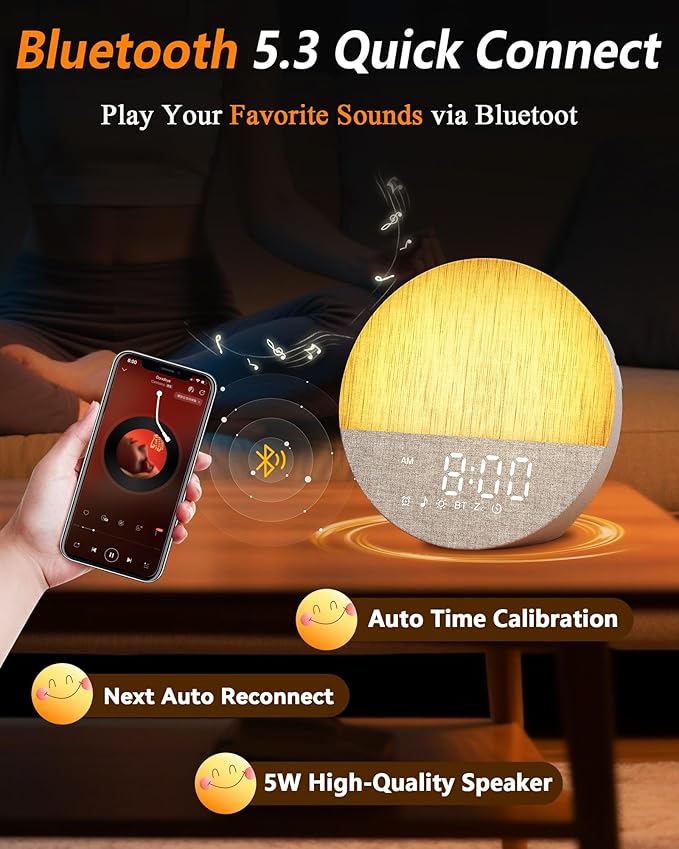 Sunrise Alarm Clock with Sound Machine: Gentle Gradual Wake Up Light for Heavy Sleepers Relieve Anxiety Dimmable Clock with Bluetooth Memory for Bedroom - White Noise Machine with 30 Sleep Sounds