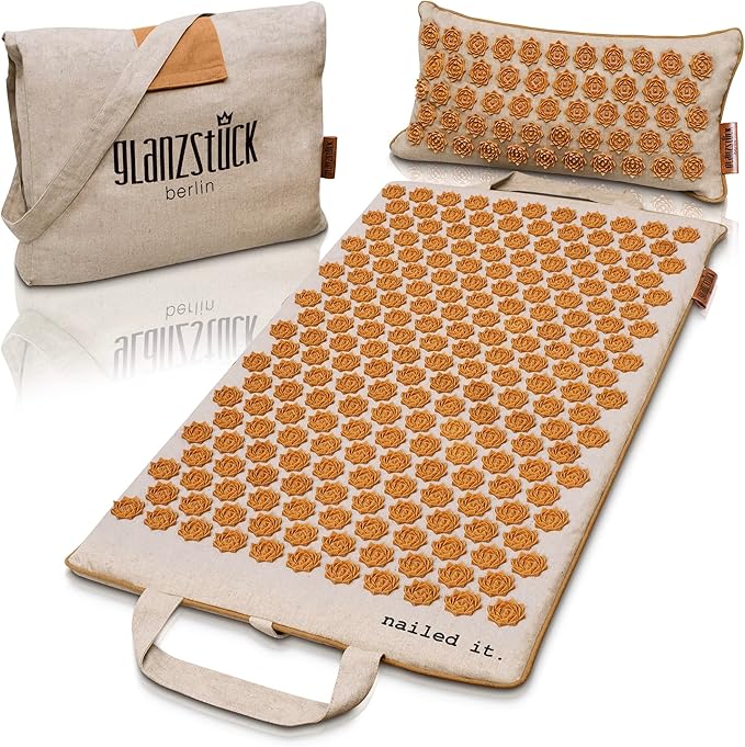 Glanzstück Berlin® Acupressure Mat Set Premium, Beginner Suitable, Made of Linen, Neck and Back Pain Relief, with Pillow (Heat Function) & Bag, Sustainable