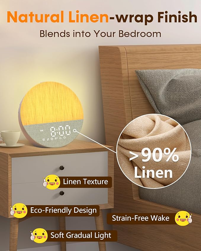 Sunrise Alarm Clock with Sound Machine: Gentle Gradual Wake Up Light for Heavy Sleepers Relieve Anxiety Dimmable Clock with Bluetooth Memory for Bedroom - White Noise Machine with 30 Sleep Sounds