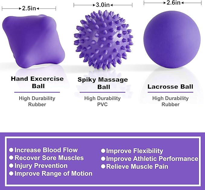 Posture Magic Massage Ball Kit for Myofascial Trigger Point Release & Deep Tissue Massage - Set of 6 - Large Foam/Small Foam/Lacrosse/Peanut/Spiky/Hand Exercise Ball (Purple)