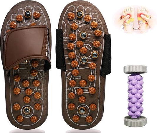 Acupressure Sandals,Acupressure Foot Massager with Anti-Slip Sole,Plantar Fasciitis Relief with Imitate Person Rotation Finger Pressure (Brown, S-Women(5.5-7)/Men(4.5-6))