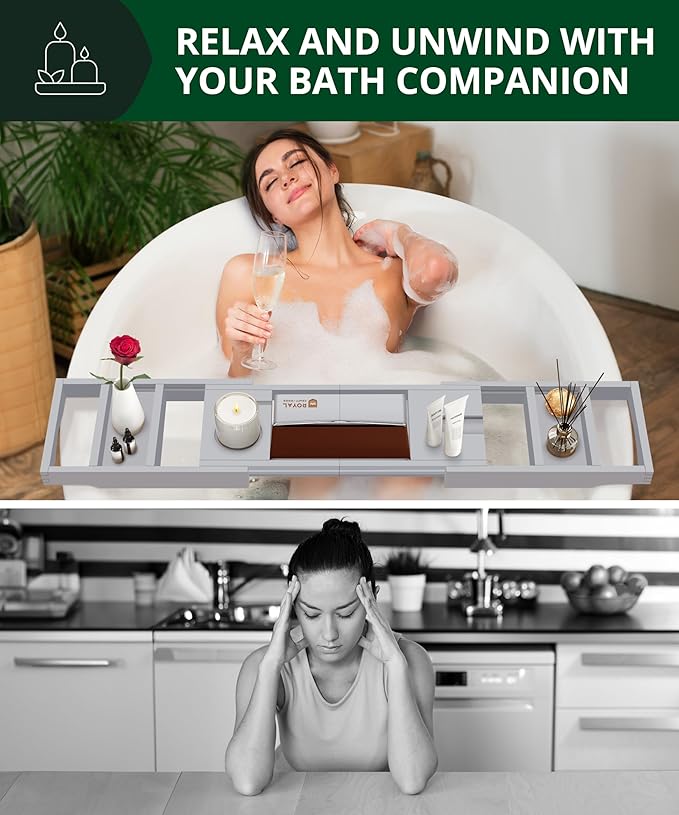 ROYAL CRAFT WOOD Premium Foldable Bathtub Tray Caddy - Wood Bath Tray for Tub, Bamboo Shelf, Expandable Bath Table Trays, Bathtub & Bathroom Accessories for New Home & Mothers, Birthday Gifts for Mom