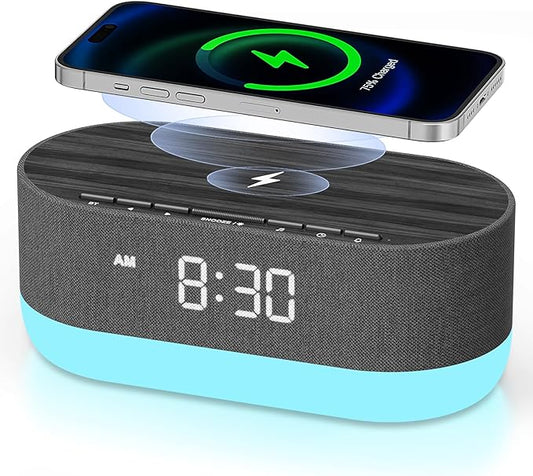 HOUSBAY Sound Machine with Alarm Clock for Bedrooms, Dual Speakers, 21 HiFi Sounds, 10W Wireless Charger, Unlimited Sound, Bluetooth, 10 Night Light, White Noise Machine for Sleeping, Black