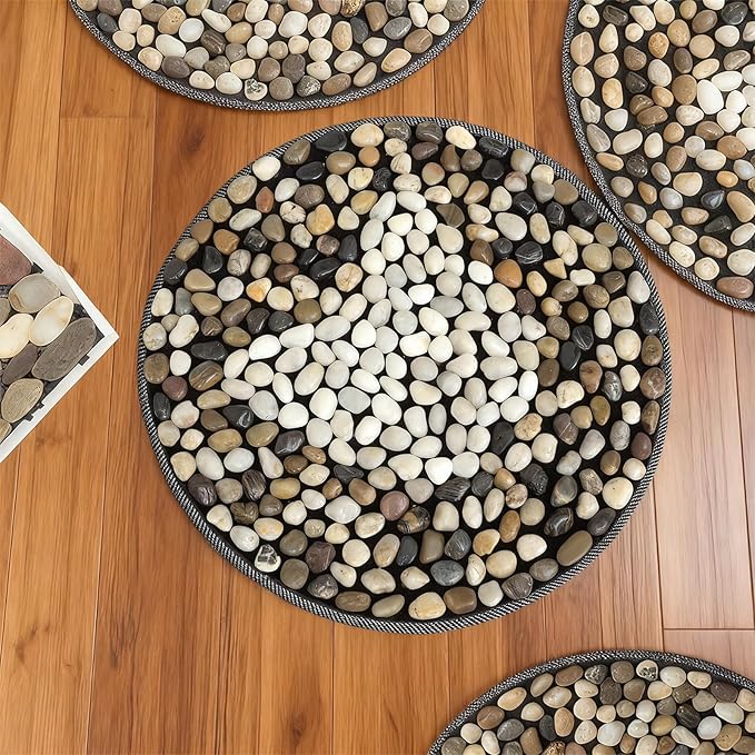 Rain Flower Stone Yin Yang Foot Massager Mat, Natural Pebble Acupressure pad for Plantar Fasciitis Relief, Reflexology Massage[Brown Butterfly Style]. (Brown&White, Rounded)