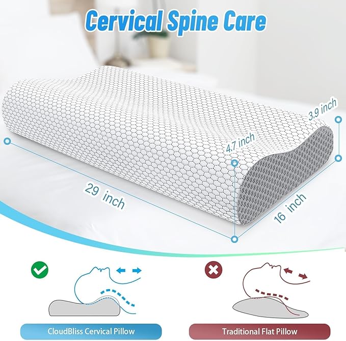 CloudBliss Memory Foam Pillow, Ergonomic Neck Contour Cervical Pillow for Back and Shoulder Pain, Orthopedic Pillow for Neck Pain Relief, for Sleeping Side, Back, Stomach Sleepers - Grey, Queen