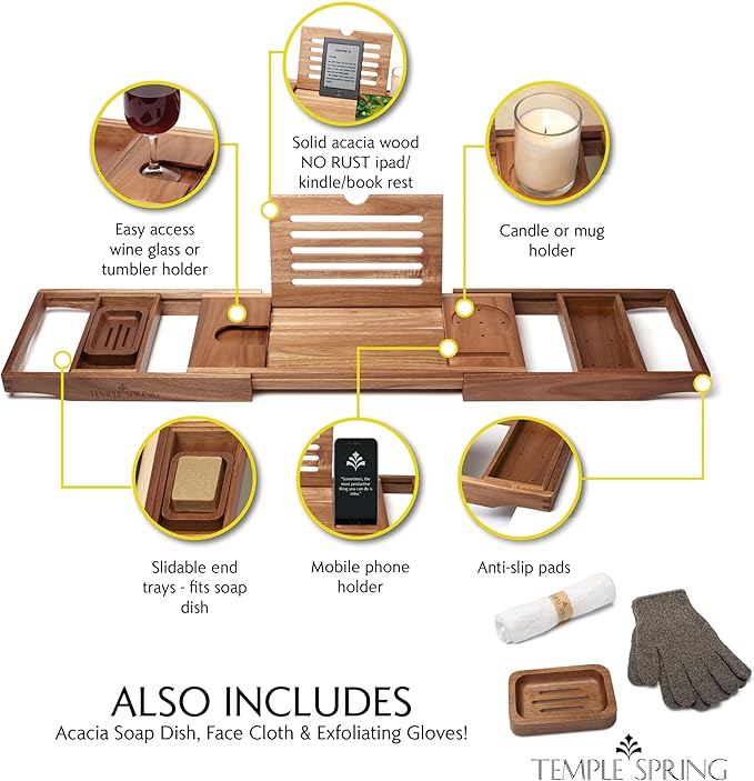 Temple Spring Acacia Wood Bathtub Tray Caddy for Tub — Expandable Bath Tray with Solid Book Stand Wine Holder and Non-Slip Pads — Includes Soap Dish and Spa Accessories — Luxury Hardwood Bath Gift Set