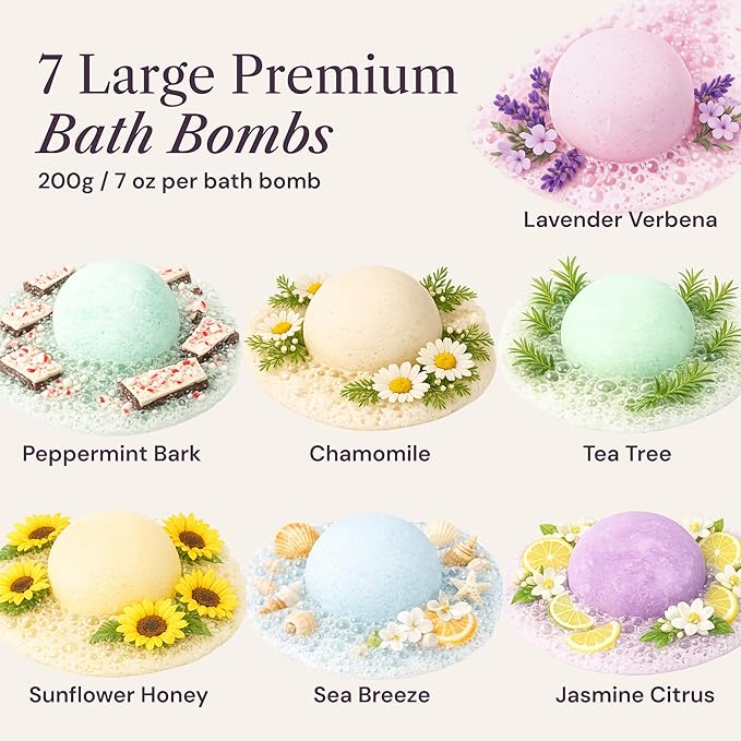 Bath Bombs Set 7 pcs - Gift Set for Women, 200g Extra Large Oversized, Mineral Bath Bombs for Sensitive Skin, Gift Set or Birthday or Mothers Day, Gift Box Idea for Her