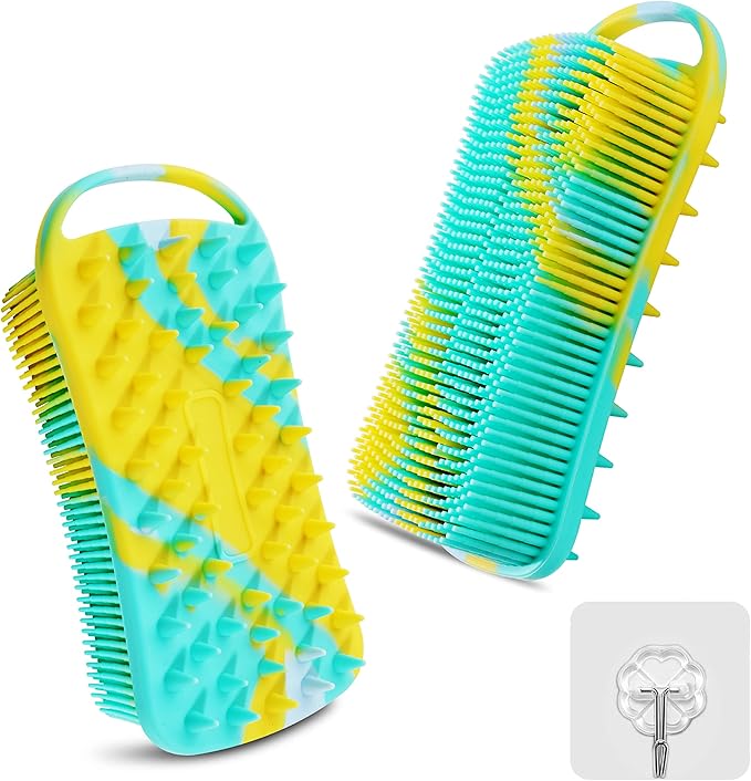 Silicone Body Scrubber, 2 in 1 Body Brush & Hair Scalp Brush for Shower and Bath, Easy Clean, Lathers Well, Stimulating Blood Circulation More Hygienic Than Loofah, Fit Women Men.Camo Green