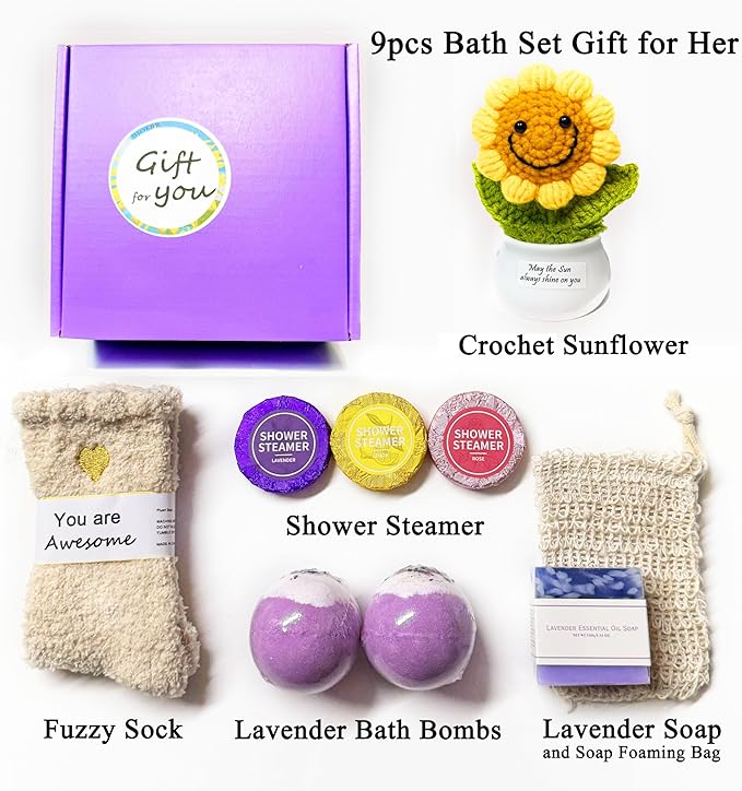 Bath Sets for Women Gift - Lavender Bath Bombs Soap Shower Steamer Positive Sunflower for Birthday Christmas Mother's Day, Sending Sunshine, Get Well Soon, Uplifting, Relaxing for Her
