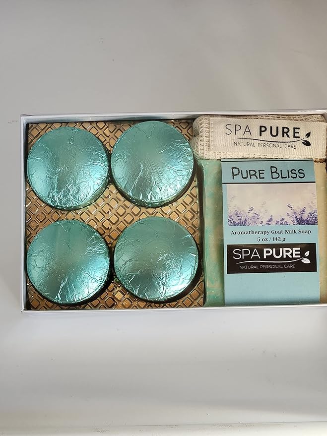 Spa Pure Aromatherapy Gift Set: Pure Bliss Artisan soap, Shower Steamers, USA made with plant based ingredients, essential oils, all natural Cotton Soap Bag & Steamer Bag)