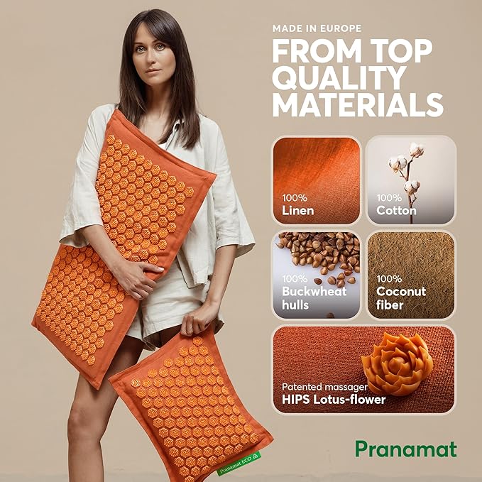 Acupressure Large & Small Mat with Pillow Set, Premium Acupressure Therapy for Pain Relief and Relaxation, Handcrafted in Europe with Sustainable and Natural Materials (Amber)