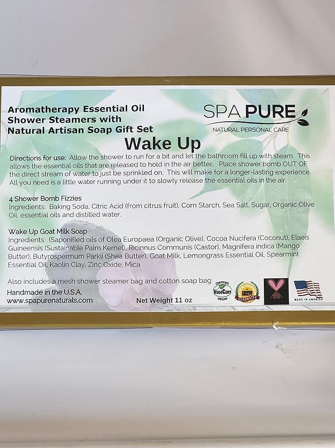 Spa Pure Aromatherapy Gift Set: Wake Up Large Artisan soap, 4 Shower Steamers, made with plant based ingredients, includes Cotton Steamer Bag & Soap Bag