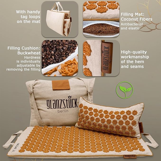 Glanzstück Berlin® Acupressure Mat Set Premium, Beginner Suitable, Made of Linen, Neck and Back Pain Relief, with Pillow (Heat Function) & Bag, Sustainable