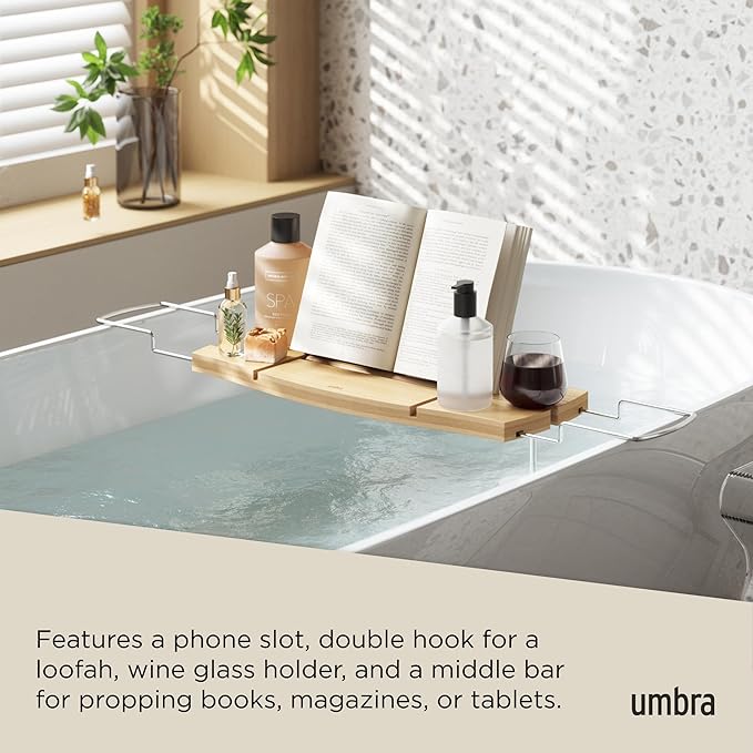 Umbra Aquala Bathtub Tray Extendable Caddy with Book Stand and Wine Glass Holder, Natural