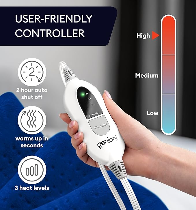 GENIANI Electric Heating Pad for Back Pain & Cramps Relief, Electric Throw, Auto Shut Off, Machine Washable, Moist Heat Pad for Neck & Shoulder
