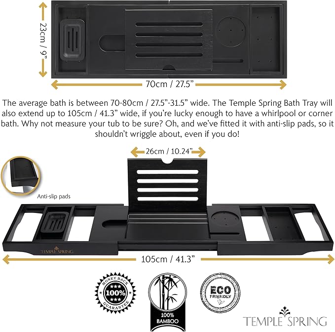 Temple Spring Wooden Bathtub Tray, Bamboo Bathroom Accessories, Bath Tray for Tub, at Home Spa Essentials, Board for Tub Table, Bath Caddy for Bathtub Accessories & Bathroom Essentials – Black