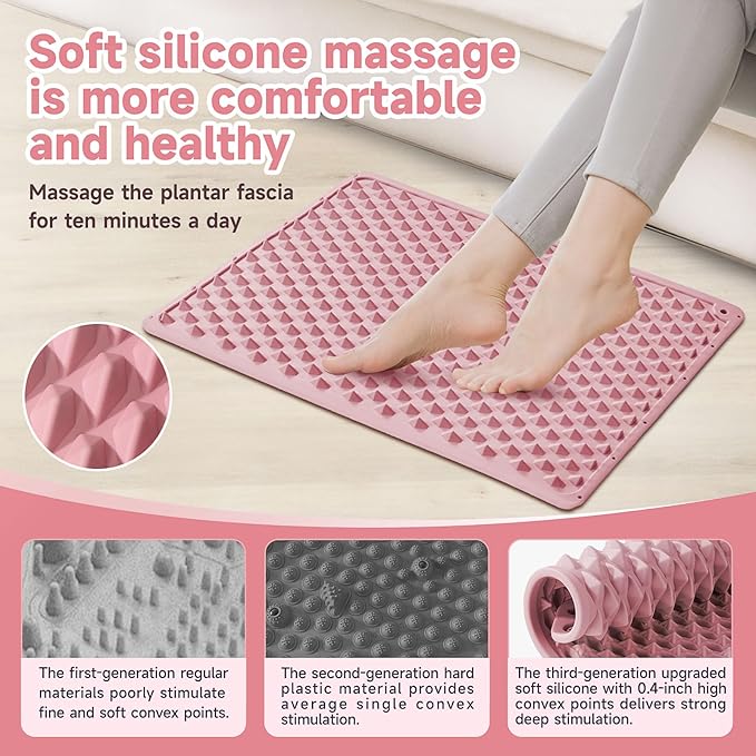 Foot Massage Acupressure Mat, Portable Silicone Reflexology Pad, Moderate Hardness Pressure Point Mat, Anti-Fatigue Mat, Connectable for Jogging & Home Use, 18'×14'inch, Pink