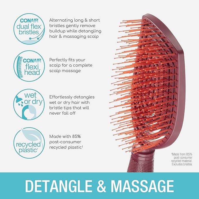 Conair Scalp Care Detangling hairbrush - Curly Hair Brush - Scalp Massager - detangler hairbrushes for women & men - for all lengths and types - Valentine gifts for her - Red Rush