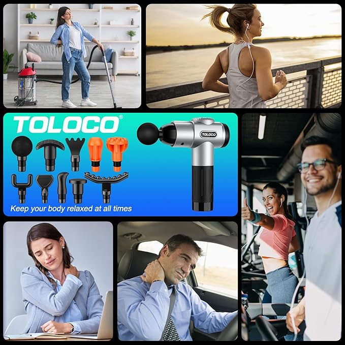 TOLOCO Massage Gun, Muscle Massage Gun Deep Tissue for Athletes with 10 Massage Heads, Electric Percussion Massager for Any Pain Relief, Valentines Day Gifts for Him Her, Silver