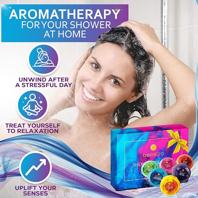 BELLISSO Aromatherapy Shower Steamers Set, 6 Fizzies, and Keratin Shampoo and Conditioner Set