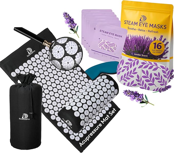 Acupressure Mat & Pillow Set + Lavender Self Heating Steam Eye Mask for Stress Relief, Pain Relief, Better Sleep & Deep Relaxation