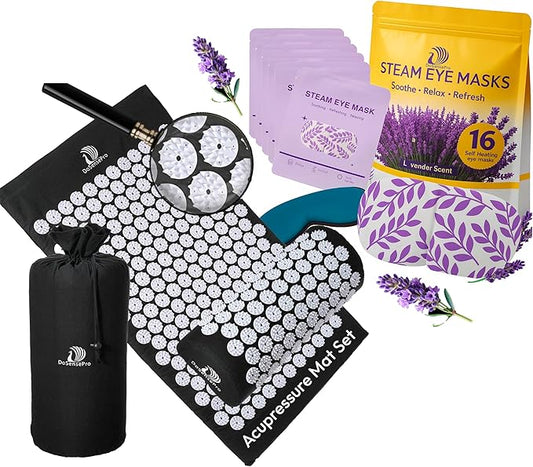Acupressure Mat & Pillow Set + Lavender Self Heating Steam Eye Mask for Stress Relief, Pain Relief, Better Sleep & Deep Relaxation
