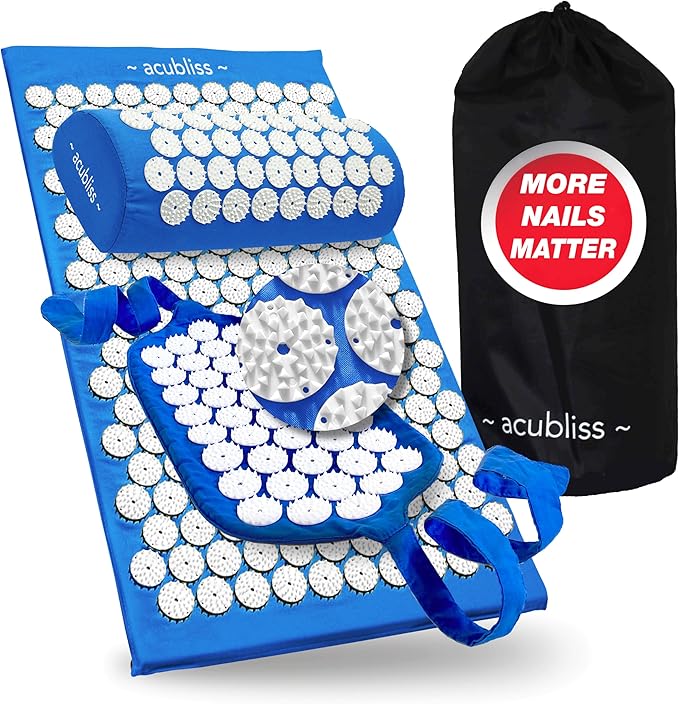 Premium Acupressure Mat, Strap & Pillow 3 piece Gift Set, 12,348 Acupuncture Pressure Points for Back Pain Relief, Increased Energy, Relaxation, Drawstring Bag, Deep Blue