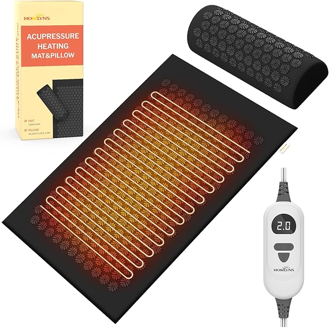 HOMLYNS Heated Acupuncture Mat - 6 Heat Levels with 2 Hours Auto Off and 4 Adjustable Time Settings, Heating Acupressure Mat Full Body Massage, Relieve Stress and Improve Sleep, Black