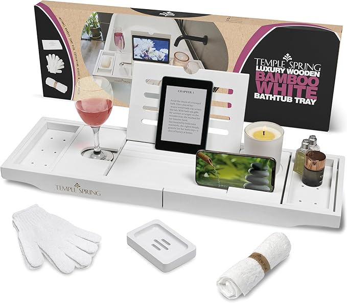 Temple Spring Wooden Bathtub Tray, Bamboo Bathroom Accessories, Bath Tray for Tub, at Home Spa Essentials, Board for Tub Table, Bath Caddy for Bathtub Accessories & Bathroom Essentials – White