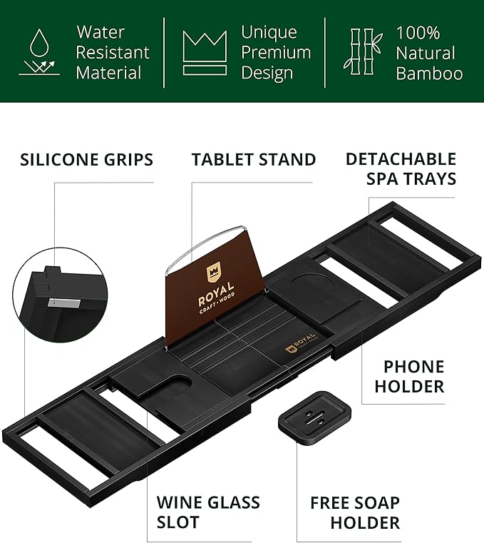ROYAL CRAFT WOOD Premium Foldable Bathtub Tray Caddy - Wood Bath Tray for Tub, Bamboo Shelf, Expandable Bath Table Trays, Bathtub & Bathroom Accessories for New Home & Mothers, Birthday Gifts for Mom