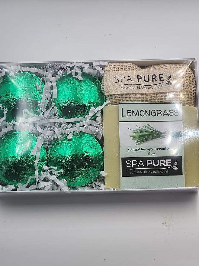 Spa Pure Aromatherapy Gift Set: Lemongrass Artisan soap, 4 Shower Steamers, made with plant based ingredients, essential oils, all natural (Lemongrass)