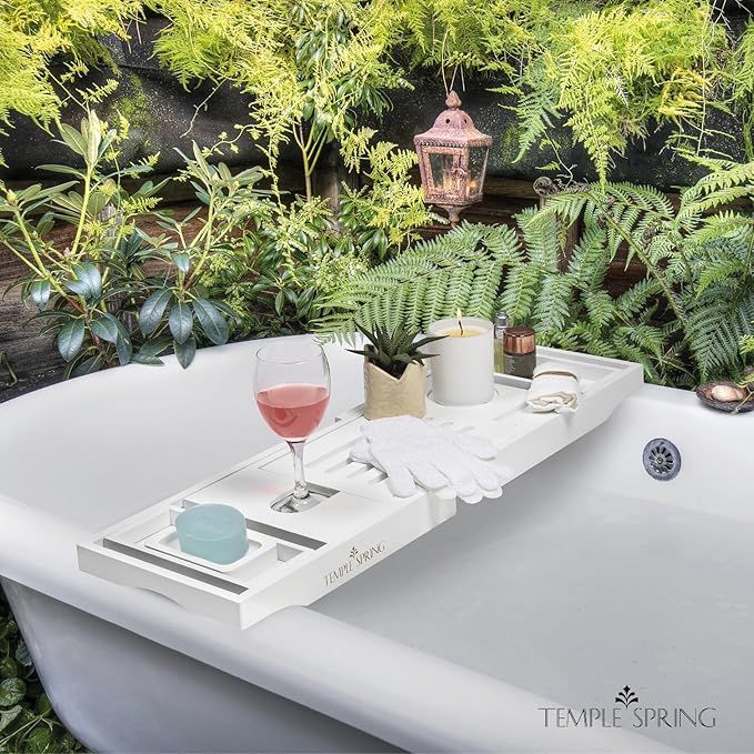 Temple Spring Wooden Bathtub Tray, Bamboo Bathroom Accessories, Bath Tray for Tub, at Home Spa Essentials, Board for Tub Table, Bath Caddy for Bathtub Accessories & Bathroom Essentials – White