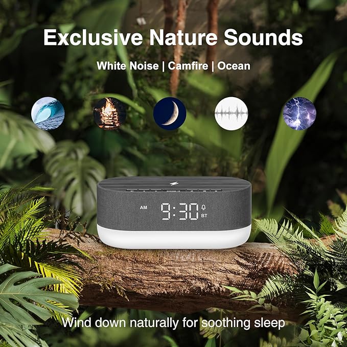 HOUSBAY Sound Machine with Alarm Clock for Bedrooms, Dual Speakers, 21 HiFi Sounds, 10W Wireless Charger, Unlimited Sound, Bluetooth, 10 Night Light, White Noise Machine for Sleeping, Black