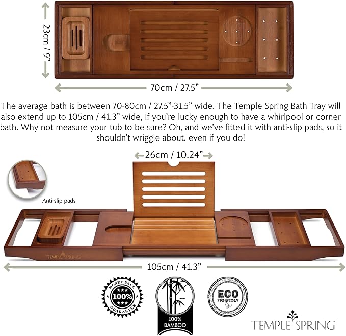 Temple Spring Wooden Bathtub Tray, Bamboo Bathroom Accessories, Bath Tray for Tub, at Home Spa Essentials, Board for Tub Table, Bath Caddy for Bathtub Accessories & Bathroom Essentials – Wood Brown
