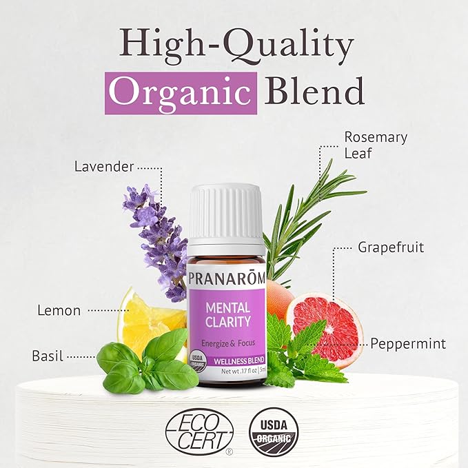 Pranarom - Mental Clarity & Focus Essential Oil, Pure Essential Oil for Diffusers, Revitalizing Aroma Oil, Lavender, Lemon, Peppermint, and More, Organic Essential Oil Blend, 5 ml