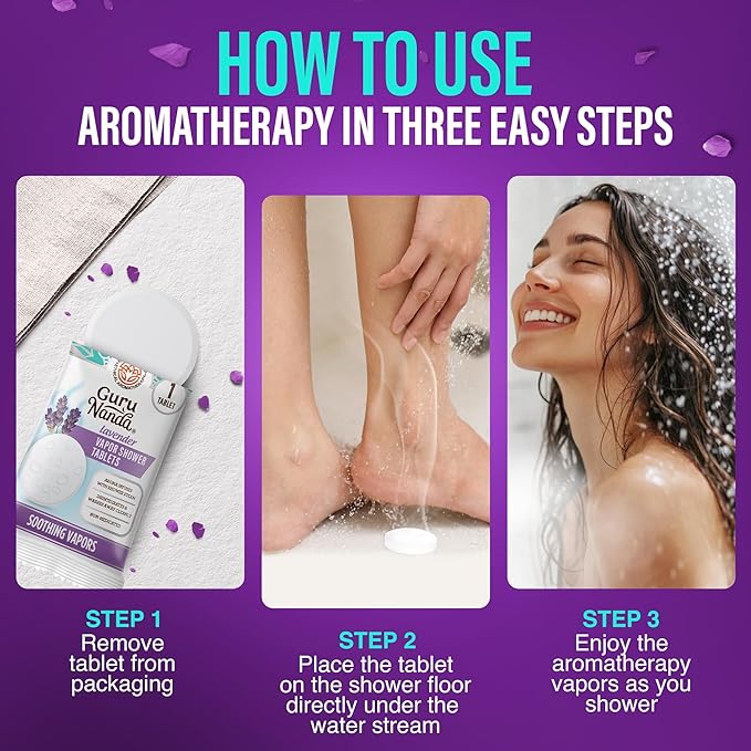 GuruNanda Lavender Vapor Shower Tablets, Clean-Dissolving Aromatherapy Shower Steamers with Lavender & Menthol, Soothes & Promotes Relaxation, Ideal for Gifting, 15 Count