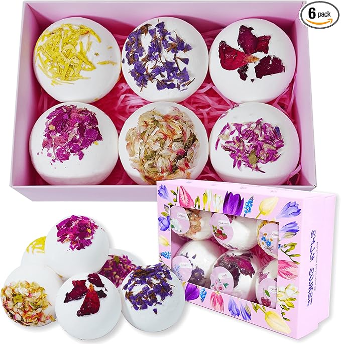 Aromatherapy Bath Bombs with Real Dried Flower Petals - 6 Pack Handmade SPA Gift Set for Women, Moisturizing Natural Essential Oil Fizzies for Stress Relief & Relaxation Home SPA