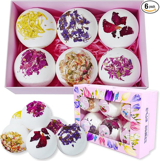 Aromatherapy Bath Bombs with Real Dried Flower Petals - 6 Pack Handmade SPA Gift Set for Women, Moisturizing Natural Essential Oil Fizzies for Stress Relief & Relaxation Home SPA