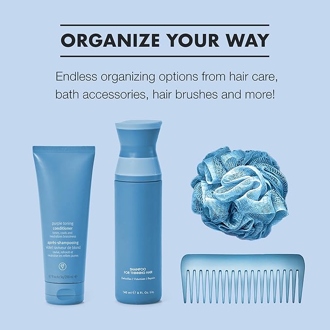 madesmart Expandable Bath Shelf, Adjustable Bathtub Tray for Bath-Night, Holds Glasses, Soaps, Toys & Bath Essentials, Non-Slip Grip, Fits Most Tubs, Blue