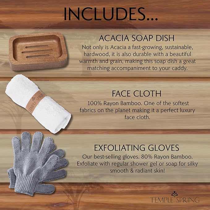 Temple Spring Acacia Wood Bathtub Tray Caddy for Tub — Expandable Bath Tray with Solid Book Stand Wine Holder and Non-Slip Pads — Includes Soap Dish and Spa Accessories — Luxury Hardwood Bath Gift Set