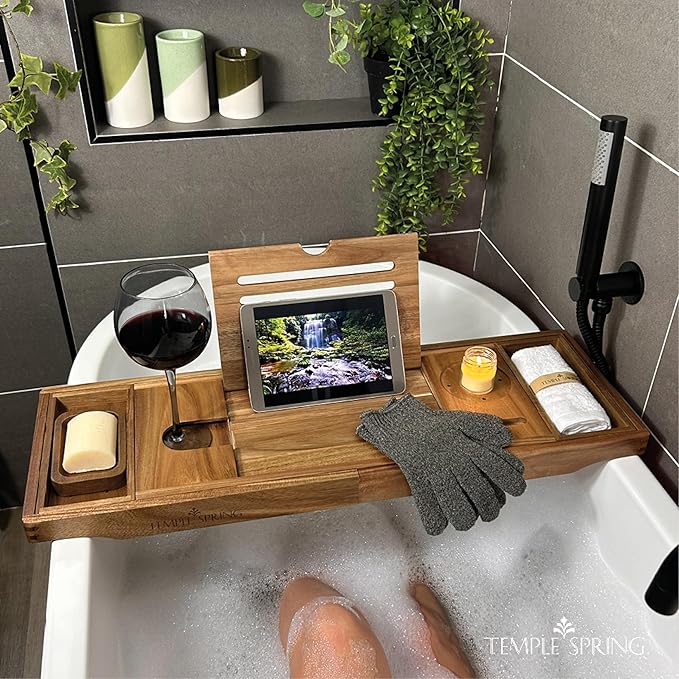 Temple Spring Acacia Wood Bathtub Tray Caddy for Tub — Expandable Bath Tray with Solid Book Stand Wine Holder and Non-Slip Pads — Includes Soap Dish and Spa Accessories — Luxury Hardwood Bath Gift Set