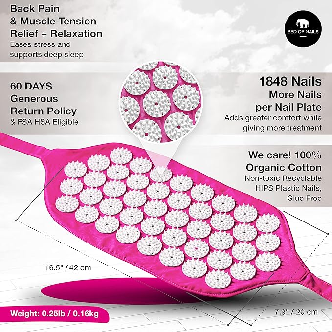 BED OF NAILS The Comfortable Acupressure Mat Pillow Strap Massage Set - Neck and Back Pain Relief, Acupuncture Mat and Pillow Set for Increased Energy & Relaxation, Carry Bag, FSA/HSA Eligible,Pink