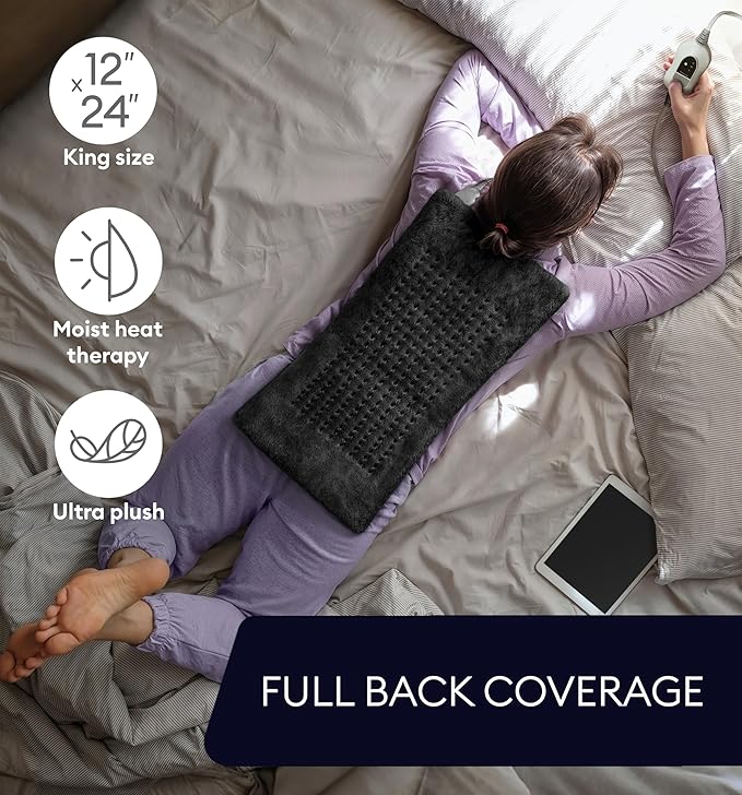 GENIANI Electric Heating Pad for Back Pain & Cramps Relief, Electric Throw, Auto Shut Off, Machine Washable, Moist Heat Pad for Neck & Shoulder - Valentines Day Gifts for Her (12'‘×24" Black)