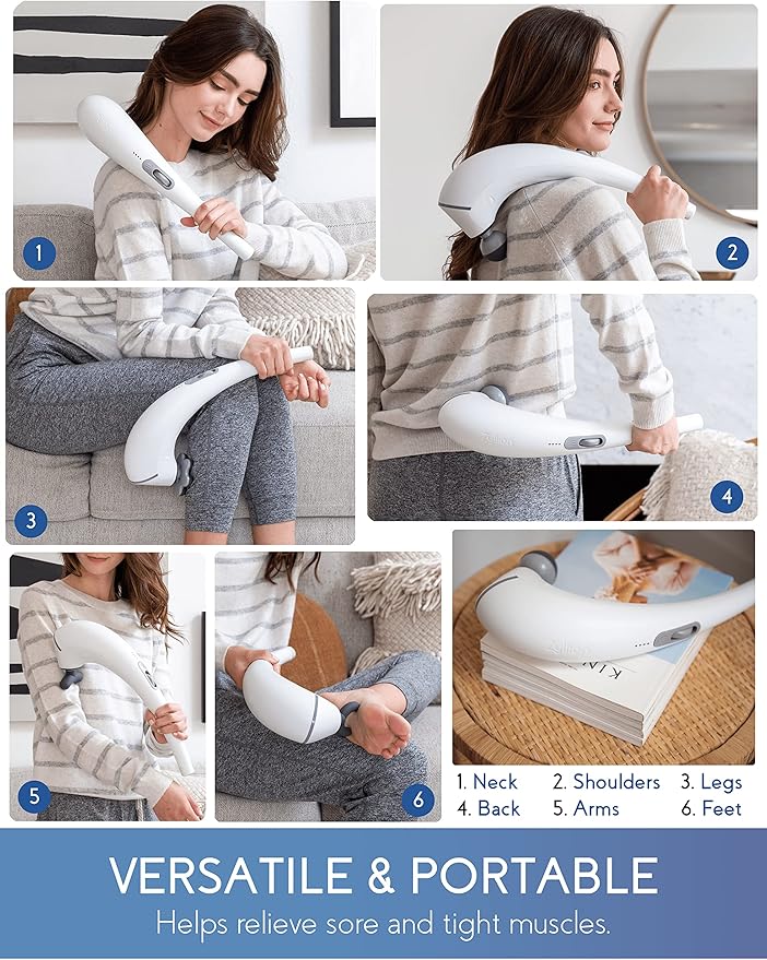 Zyllion Handheld Back and Neck Massager - Cordless Rechargeable Electric Vibrating Deep Tissue Massage with Heat for Athletes, Recovery and Muscle Pain Relief - White (ZMA-27-WT)