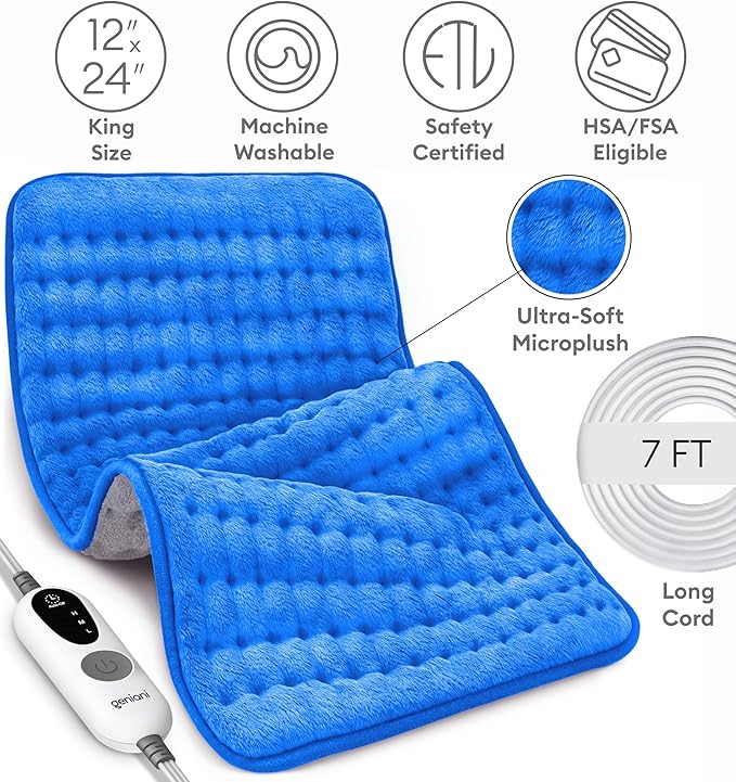 GENIANI Electric Heating Pad for Back Pain & Cramps Relief, Electric Throw, Auto Shut Off, Machine Washable, Moist Heat Pad for Neck & Shoulder - Valentines Day Gifts for Her, 12x24 Electric Blue
